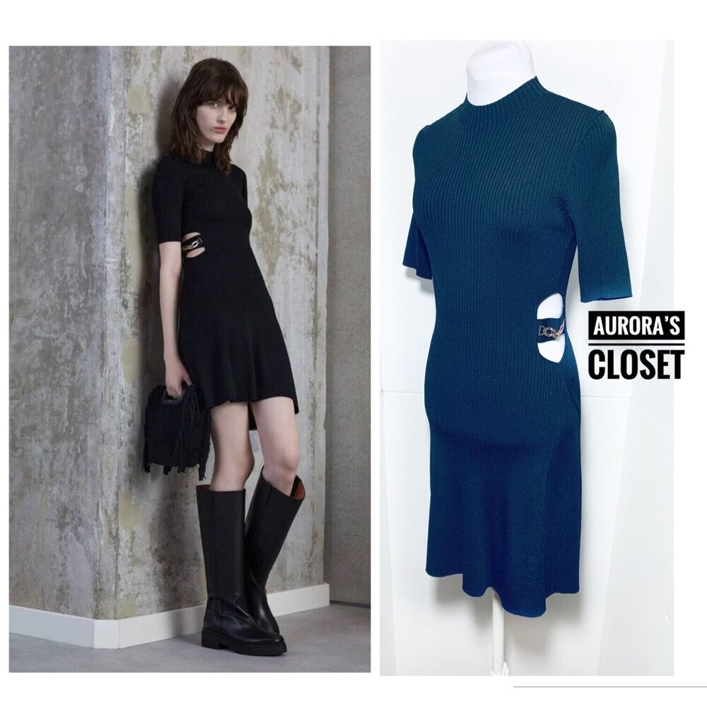 Maje 38 M Black Ribbed Mini Dress Rain Cutout Sides Short Sleeve $295